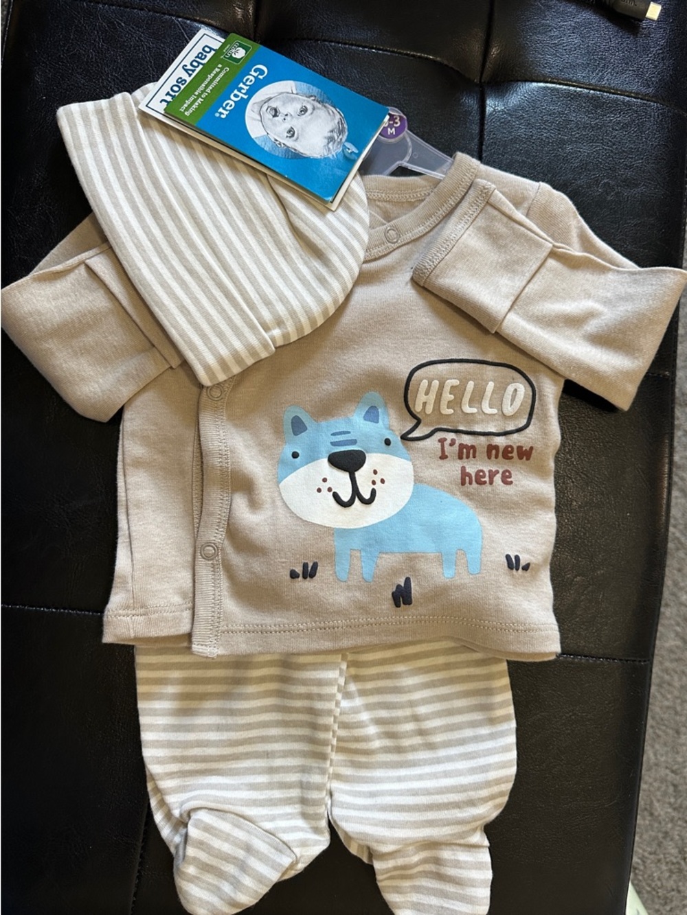 Baby Boy Beige 'Hello I'm New Here' 3 piece Set with Blue Puppy 0-3mos NWT